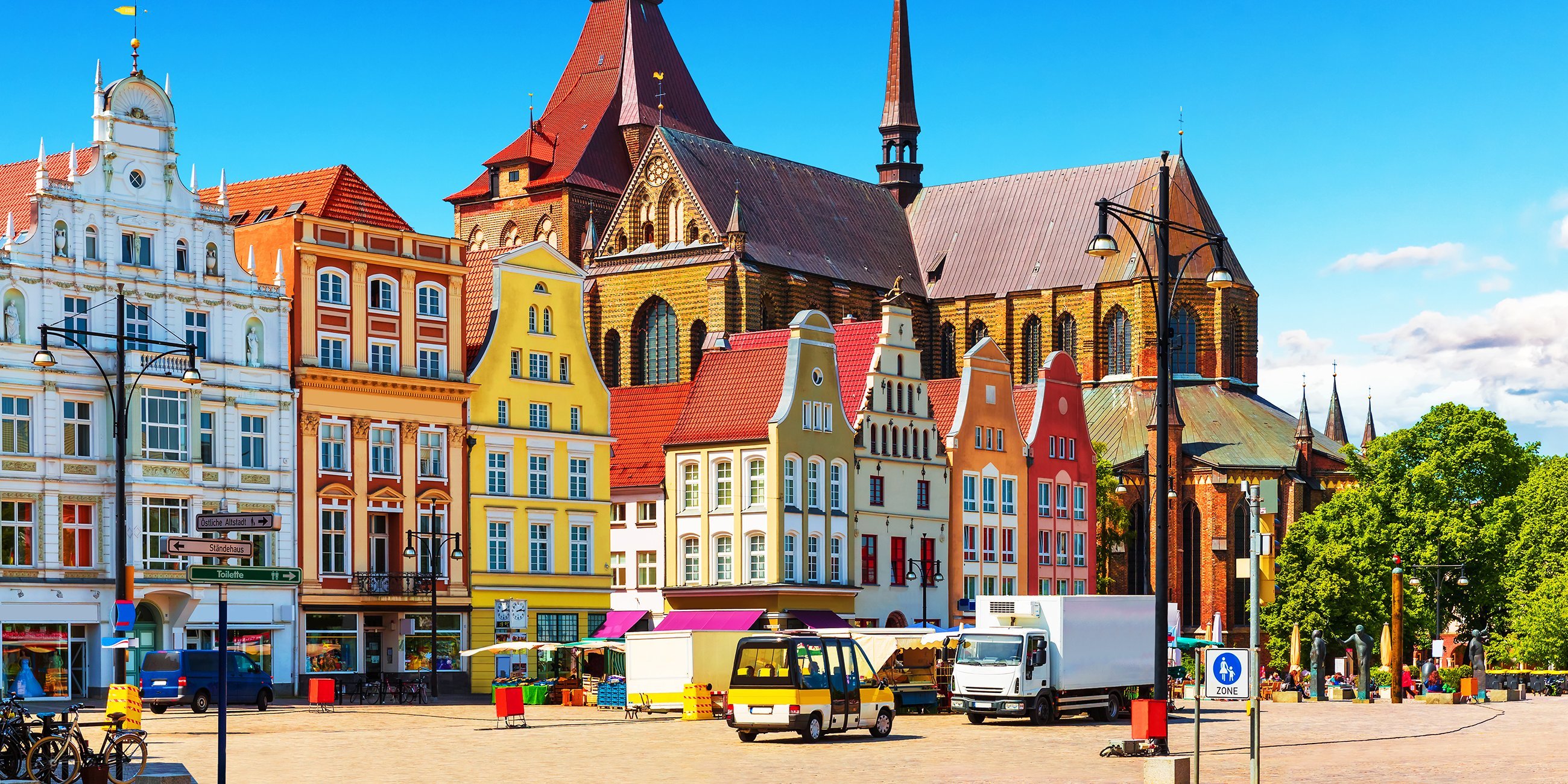 The image shows buidlgins of Rostock city in Germany
