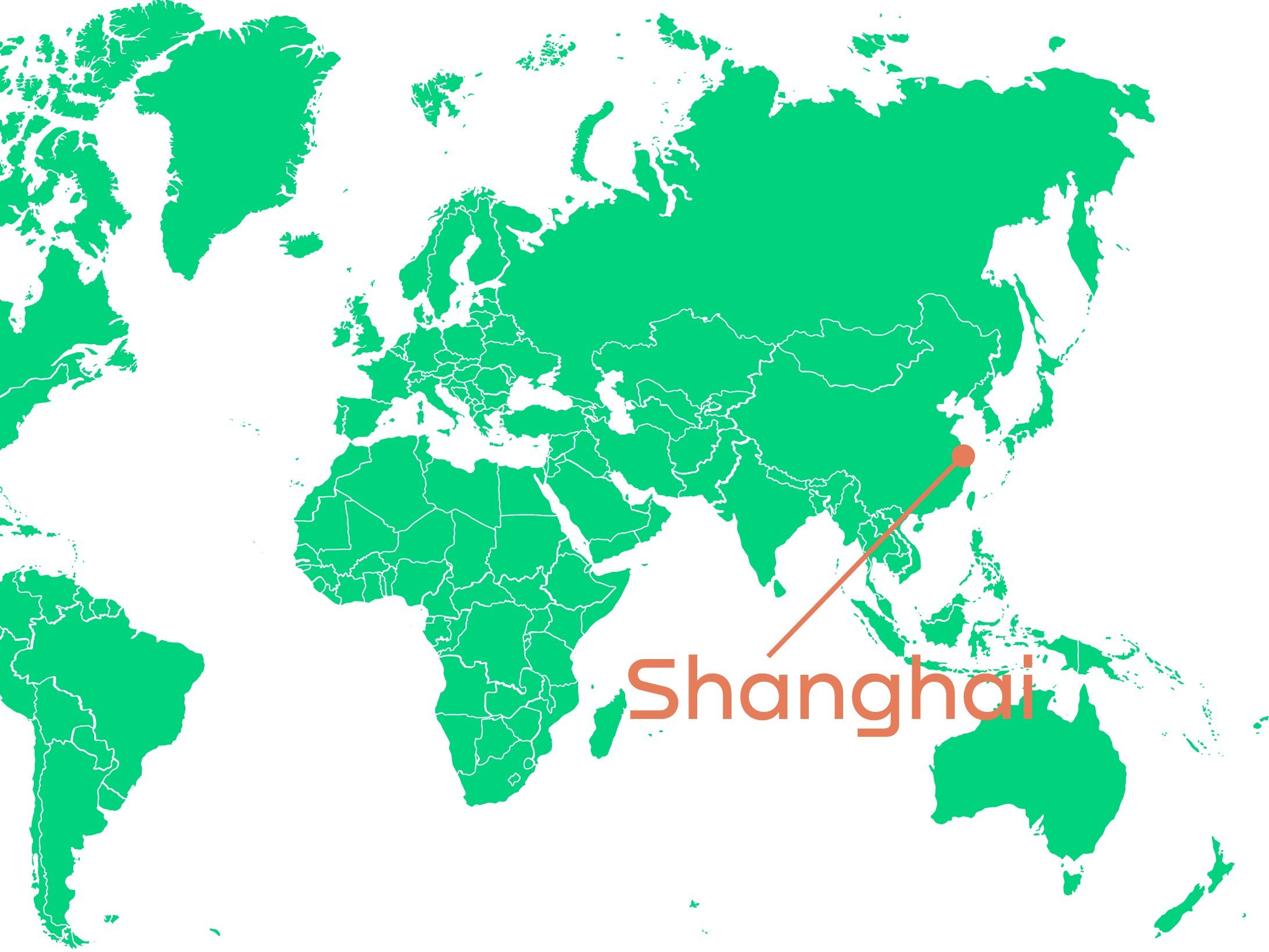 This image shows a green world map with marker on Shanghai