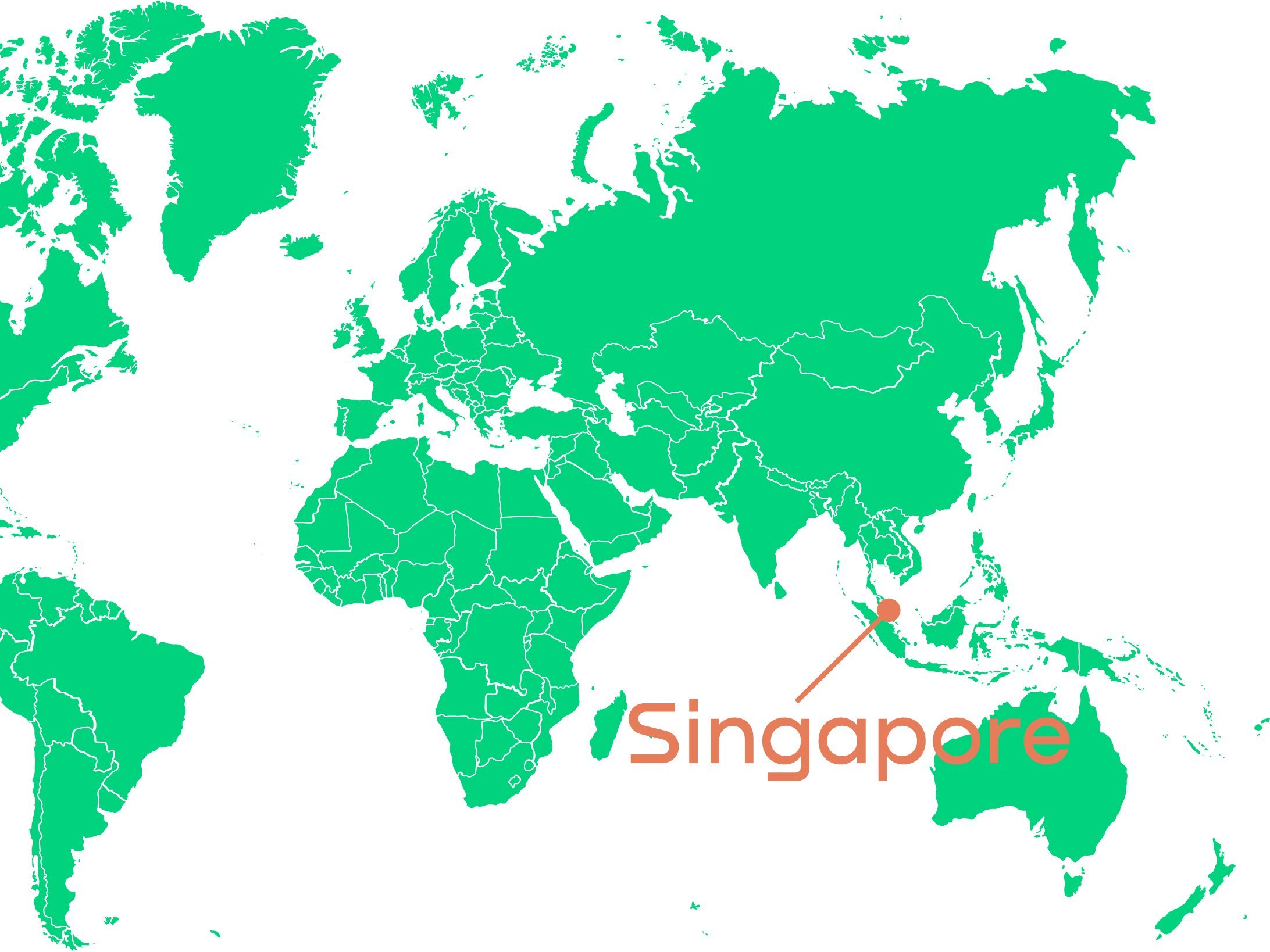 This image shows a green world map with marker on Singapore