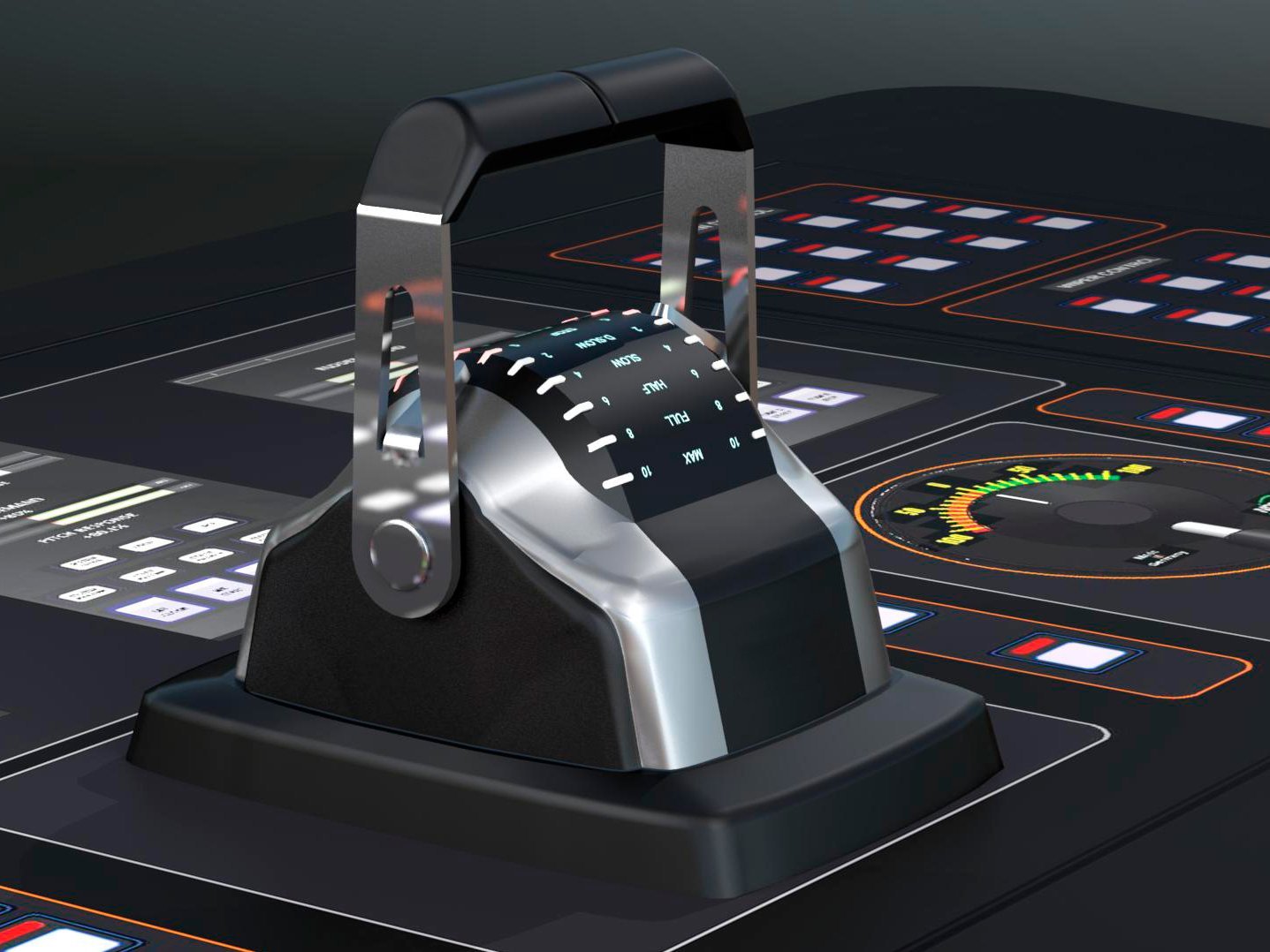 The image shows a 3D model of a unique propulsion control panel with control levers for Megayachts
