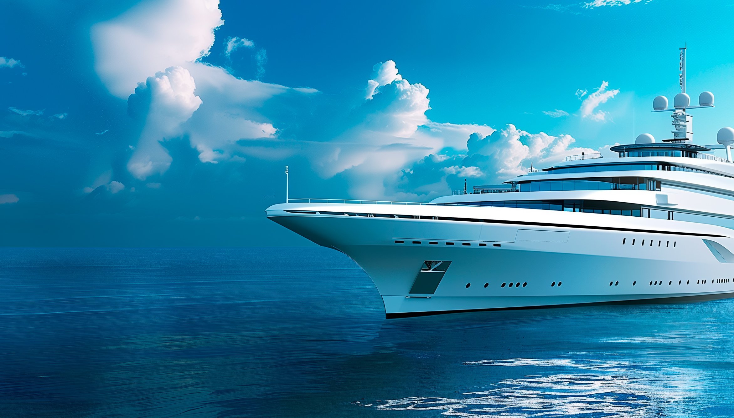 The image shows a Megayacht on a deep blue ocean at a clear and sunny day