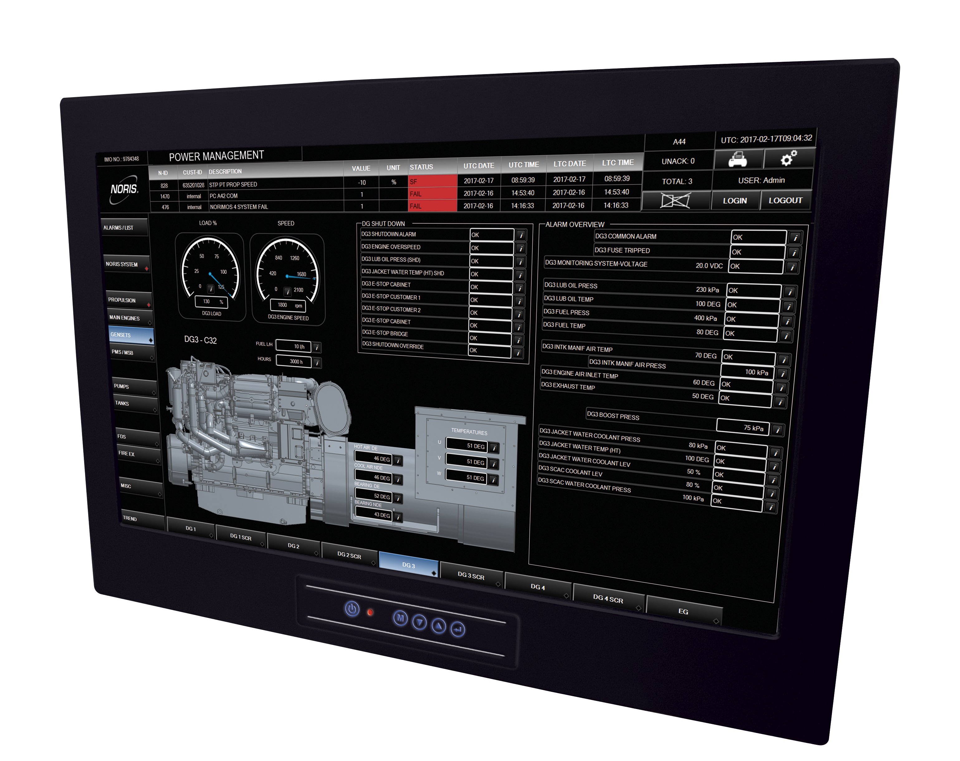 Das Bild zeigt ein großes 32" Touchscreen Display mit Power Management Software für Generatoren