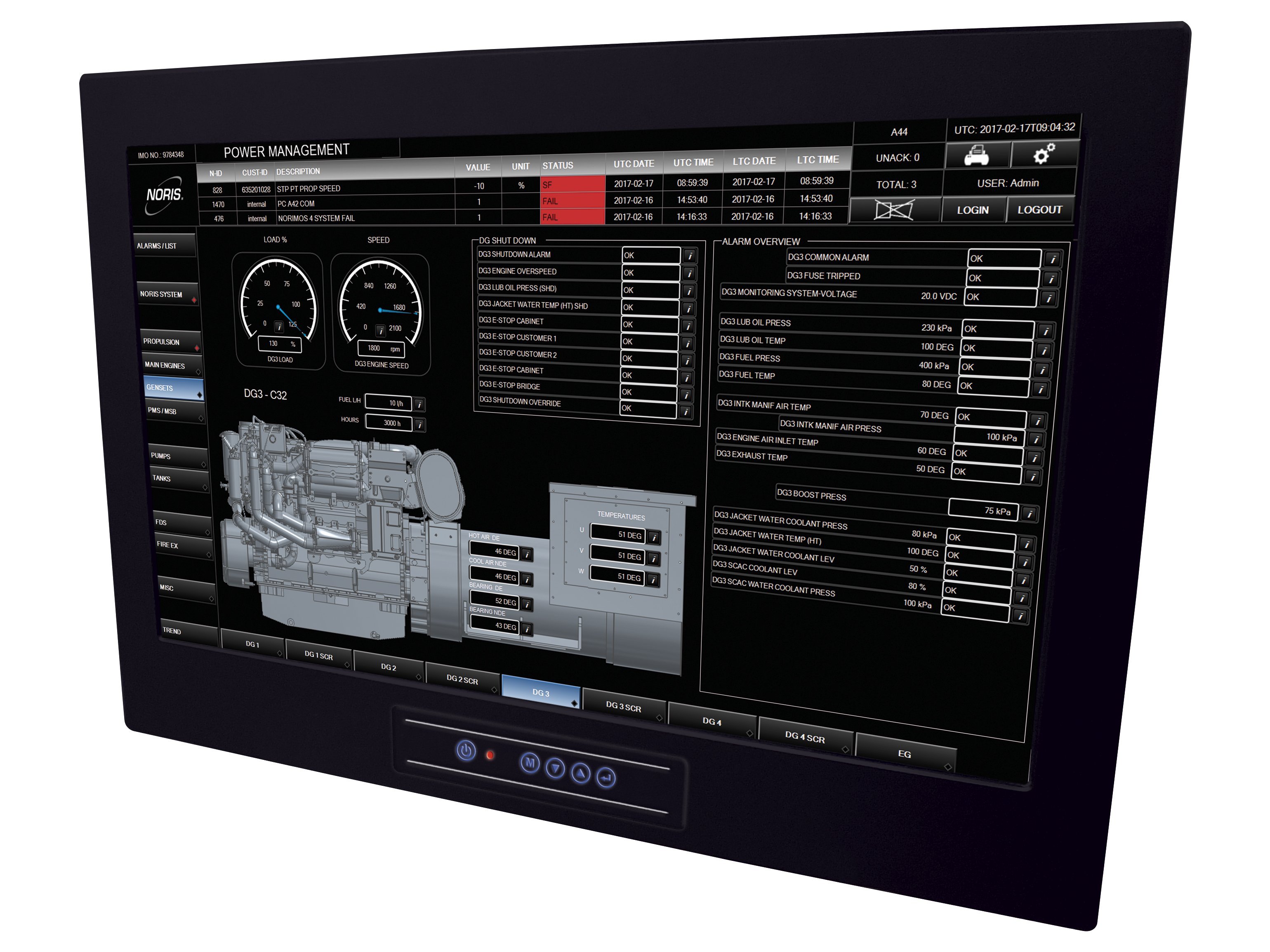 Das Bild zeigt ein großes 32" Touchscreen Display mit Power Management Software für Generatoren