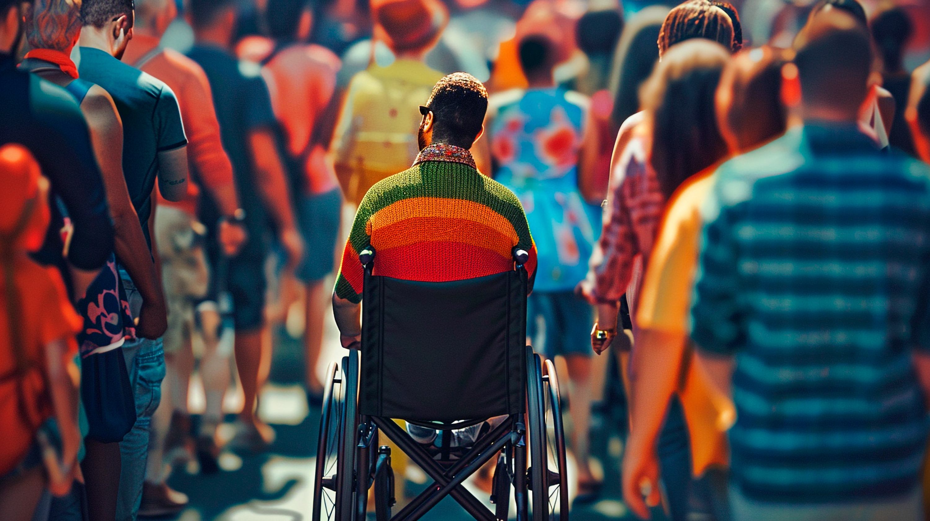 The image shows a colourful crowd of diverse people. In the middle of the crowd a wheelchair user is driving. Backside view