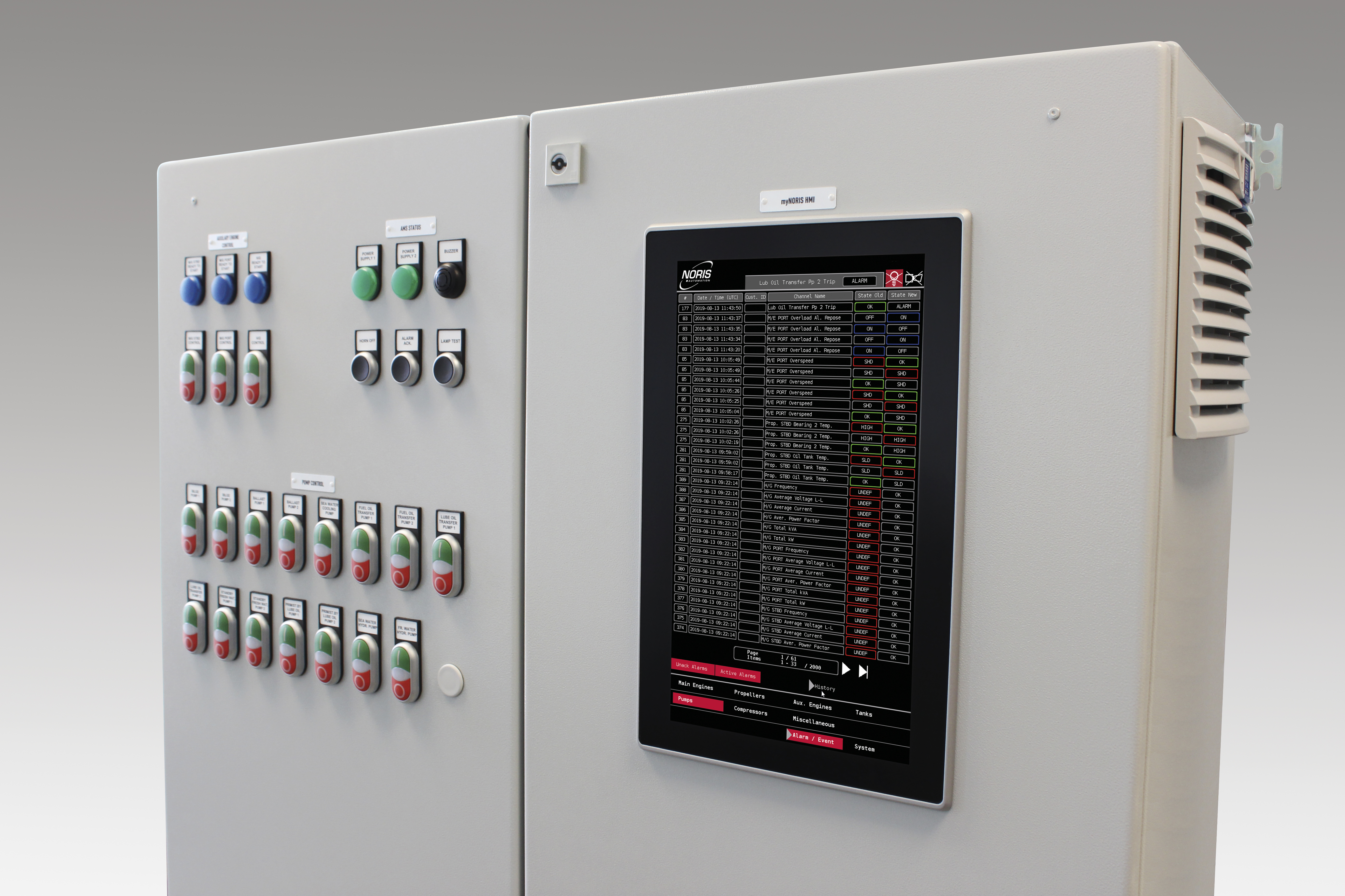 The image show the myNoris automation solution for local applications. It consists of a switch cabinet with integrated touchscreen display and push buttons and signal lamps for engine or gearbox monitoring and control.