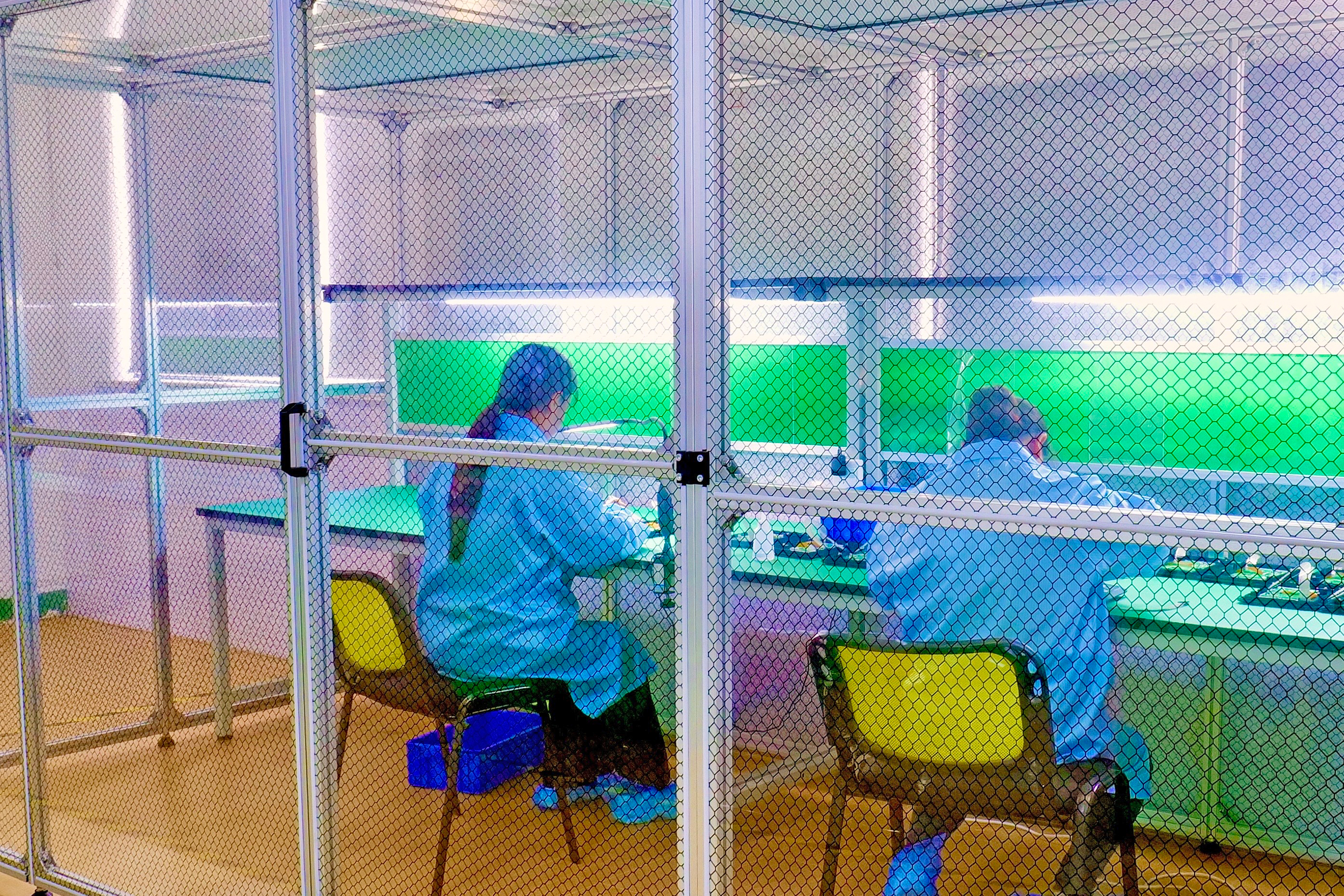 The image shows two working people at Noris-Sibo production facility. They are sitting in closed ESD sterile room