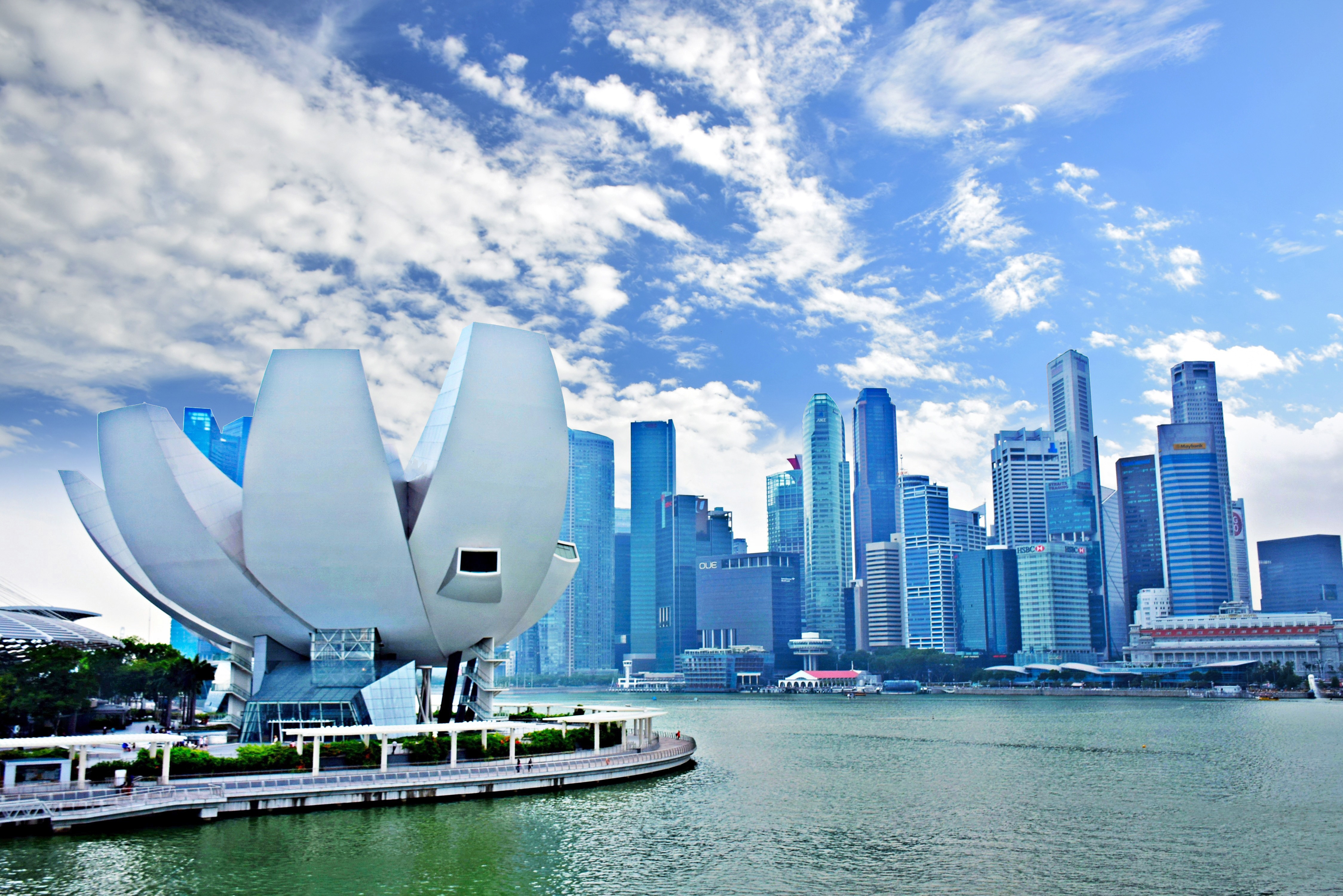 The image shows a scene of Singapur with the museum of Arts and Sciences in the shape of a lotus blossom