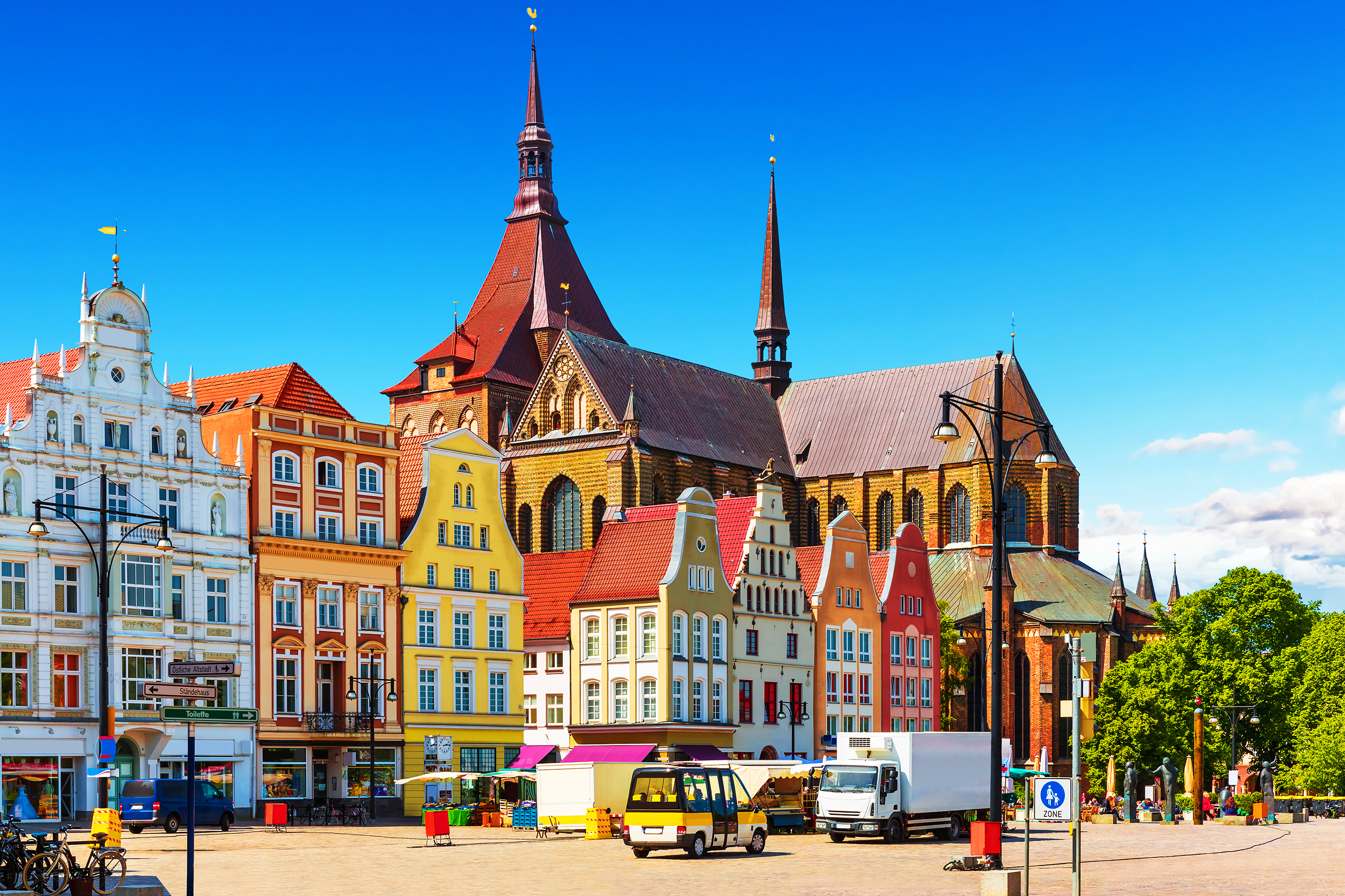 The image shows buidlgins of Rostock city in Germany