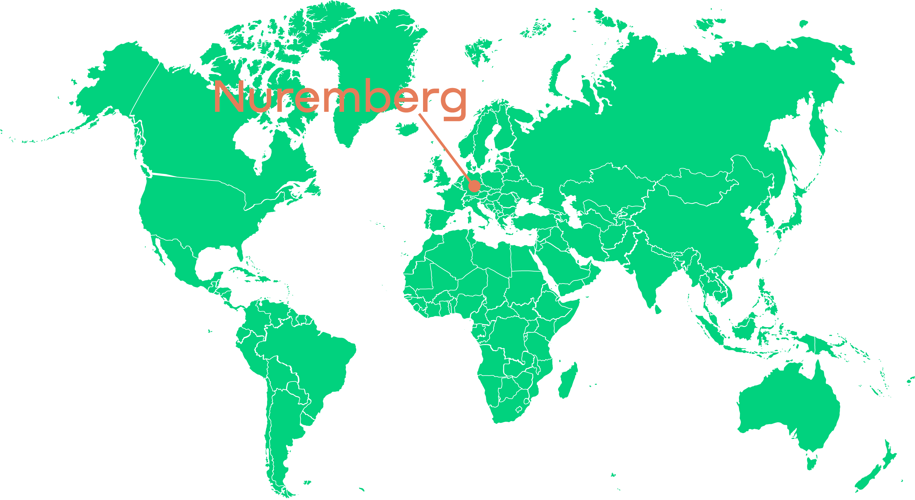 This image shows a green world map with marker on Nürnberg
