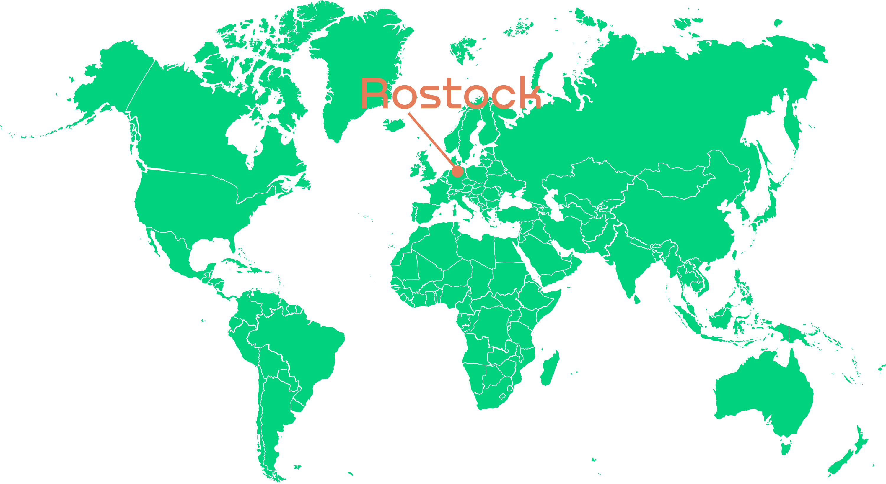 This image shows a green world map with marker on Rostock
