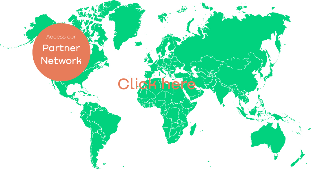 The image shows a green world map with orange marker on a white background