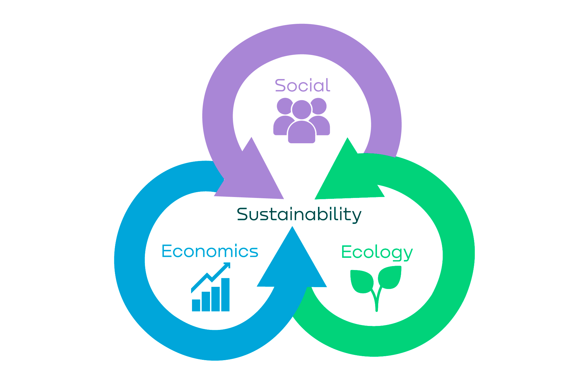 The image shows three arrows containing the words: economics, ecology and Social. All arrows aim on sustainability.