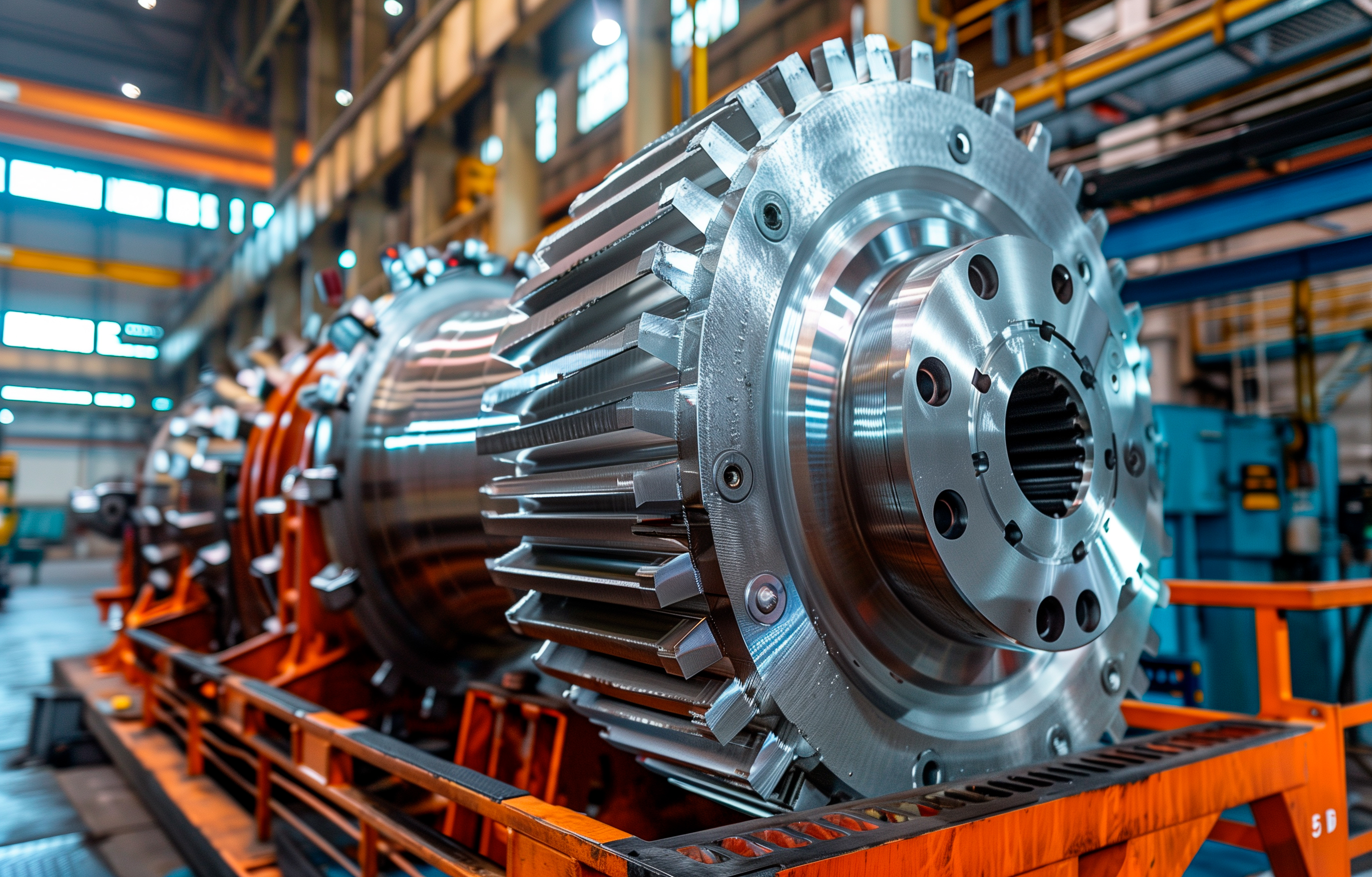 The picture shows a production plant with several large gearwheels lying on a red metal structure.
