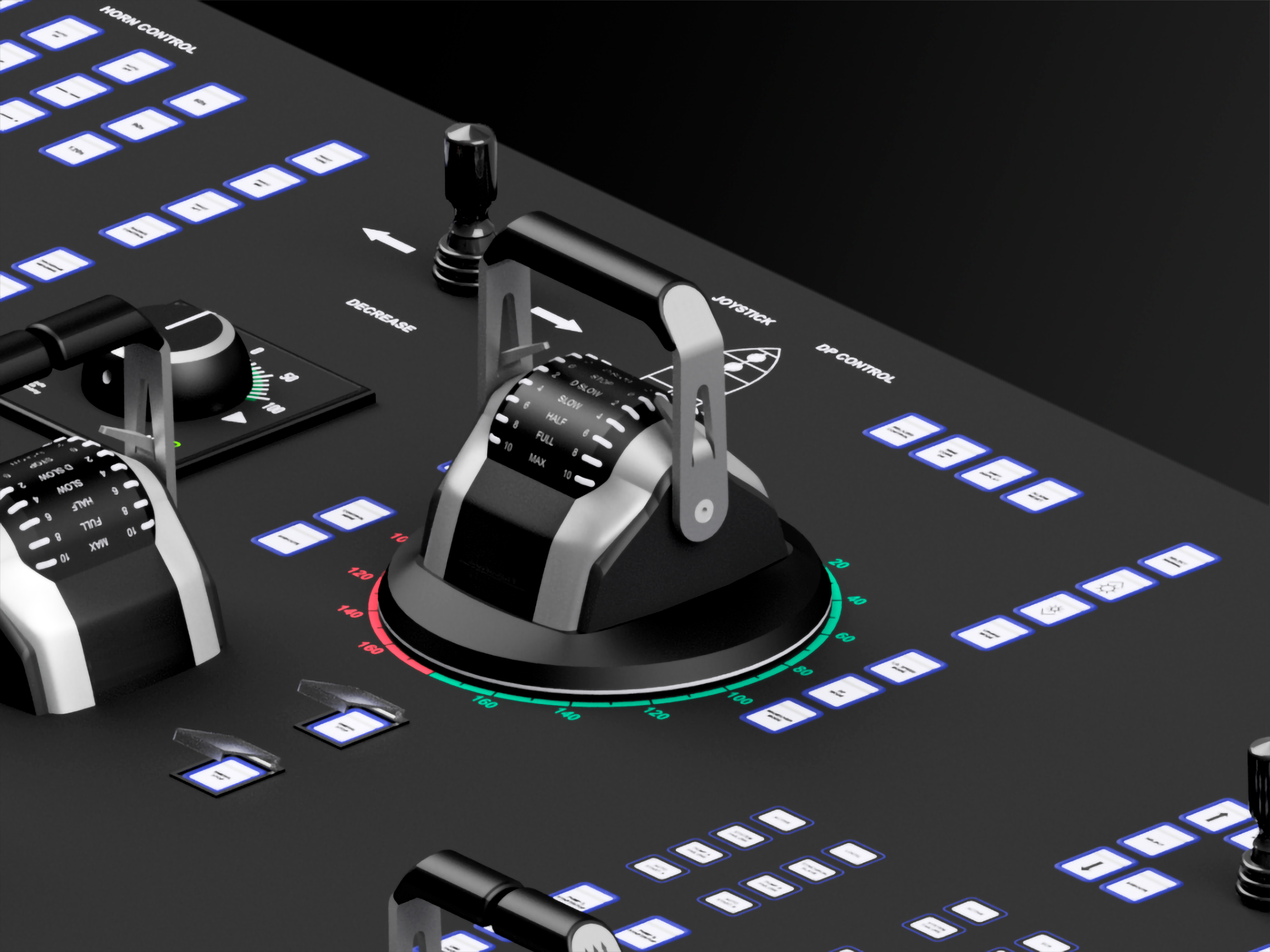 The image shows a unique 3D model of a propulsion control panel with control levers for Megayachts, side view