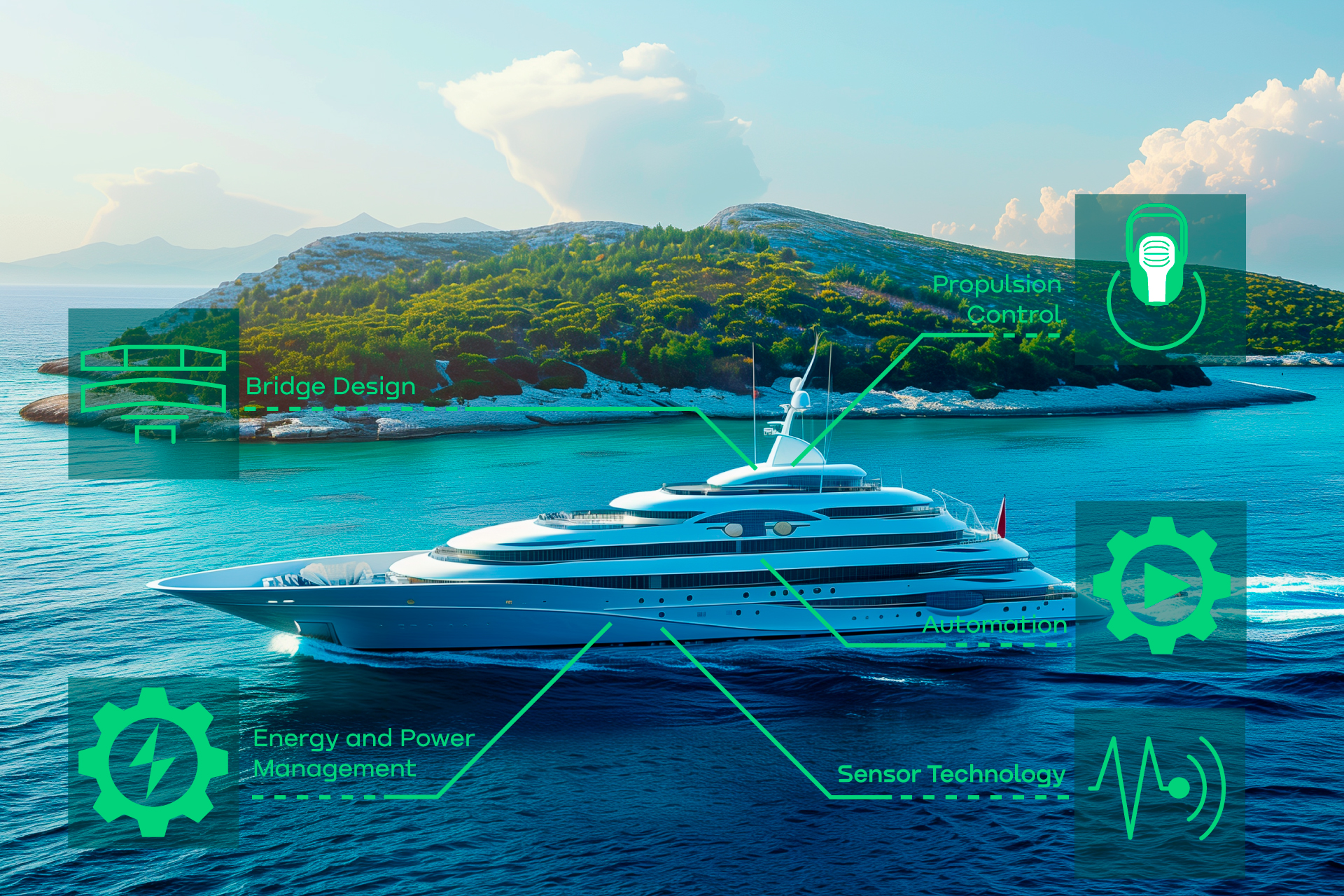 The image shows a megayacht in front of a small green island. Over the image is a layer with green icons showing symbols from the product portfolio for megayachts: Automation, propulsion control, energy management, bridge design and sensor technology