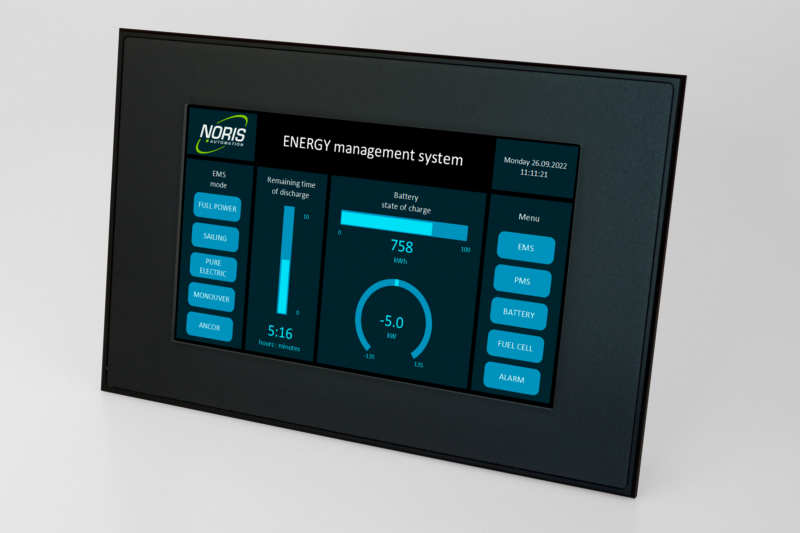 The image shows a small touchscreen display with energy management software for ships