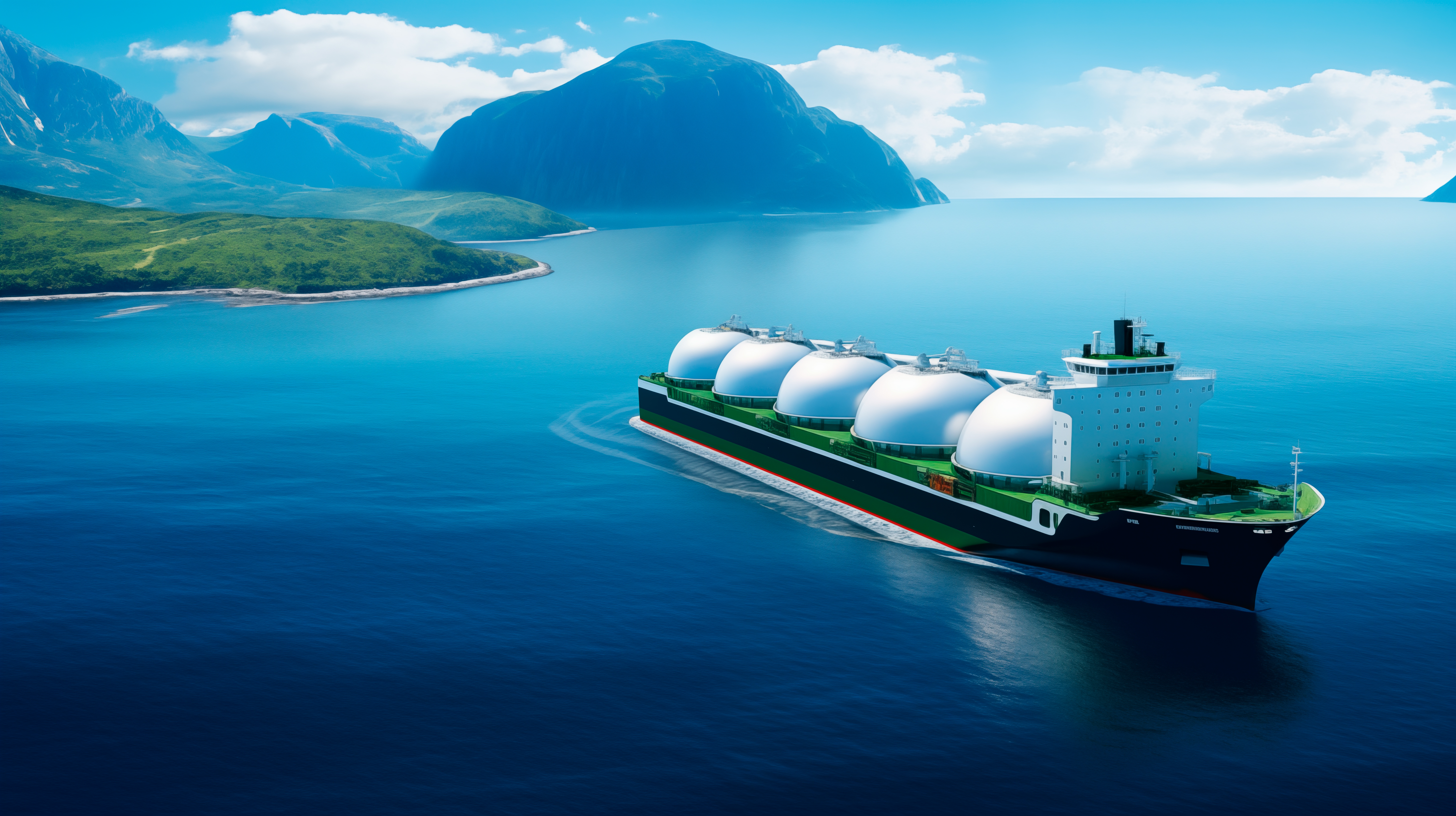 Das Bild zeigt einen LNG Tanker vor grüner Insel auf ruhiger See ane einem sonnigen Tag