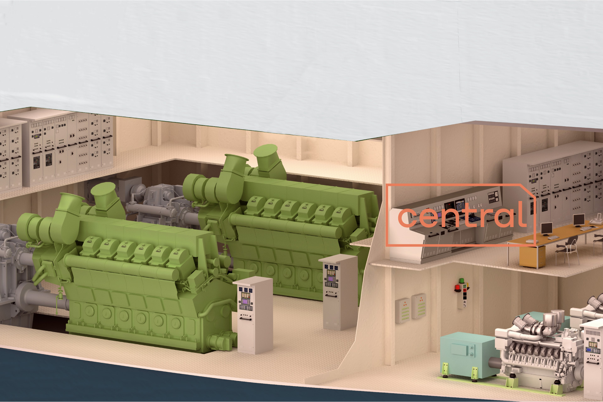 Das Bild zeigt ein 3D Modell eines Querschnittes eines Maschinenraums und Maschinenkontrollraums mit dem Wort "Zentral" darauf.