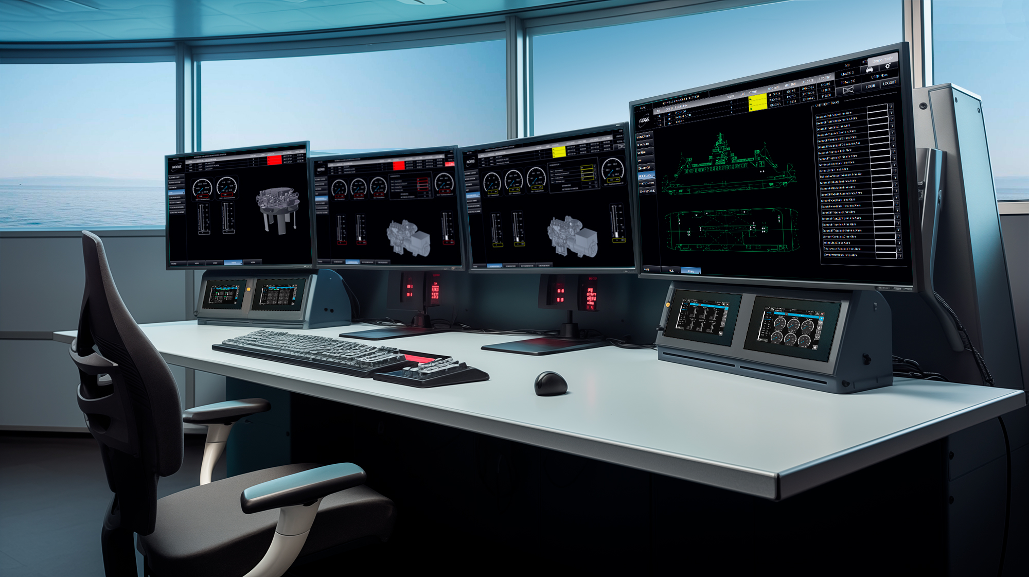 Das Bild zeigt eine Kontrollstation eines Schiffes mit mehreren Monitoren.