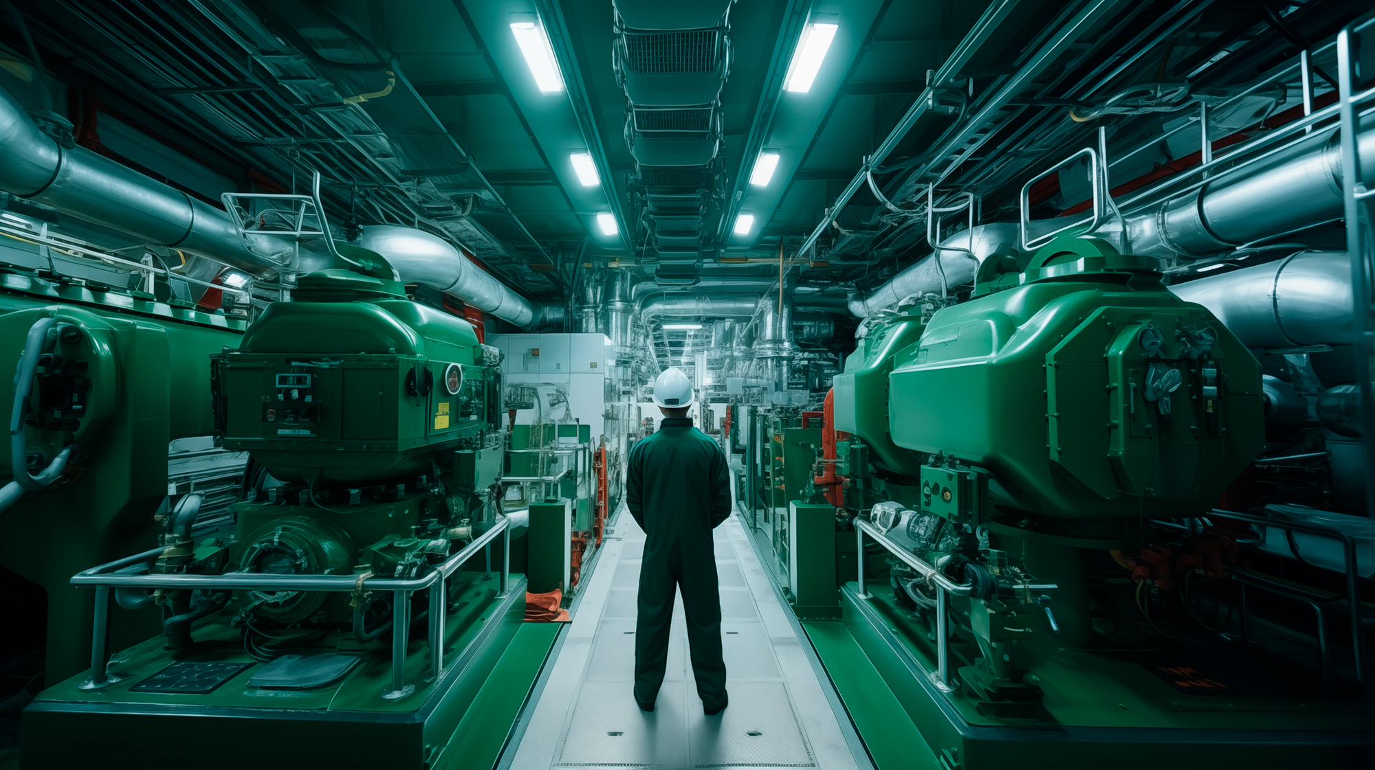 The image show a symmetrical engine room with a floor in the center, dark green coloured. A man with green clothes is standing on the floor and observing the equipment.