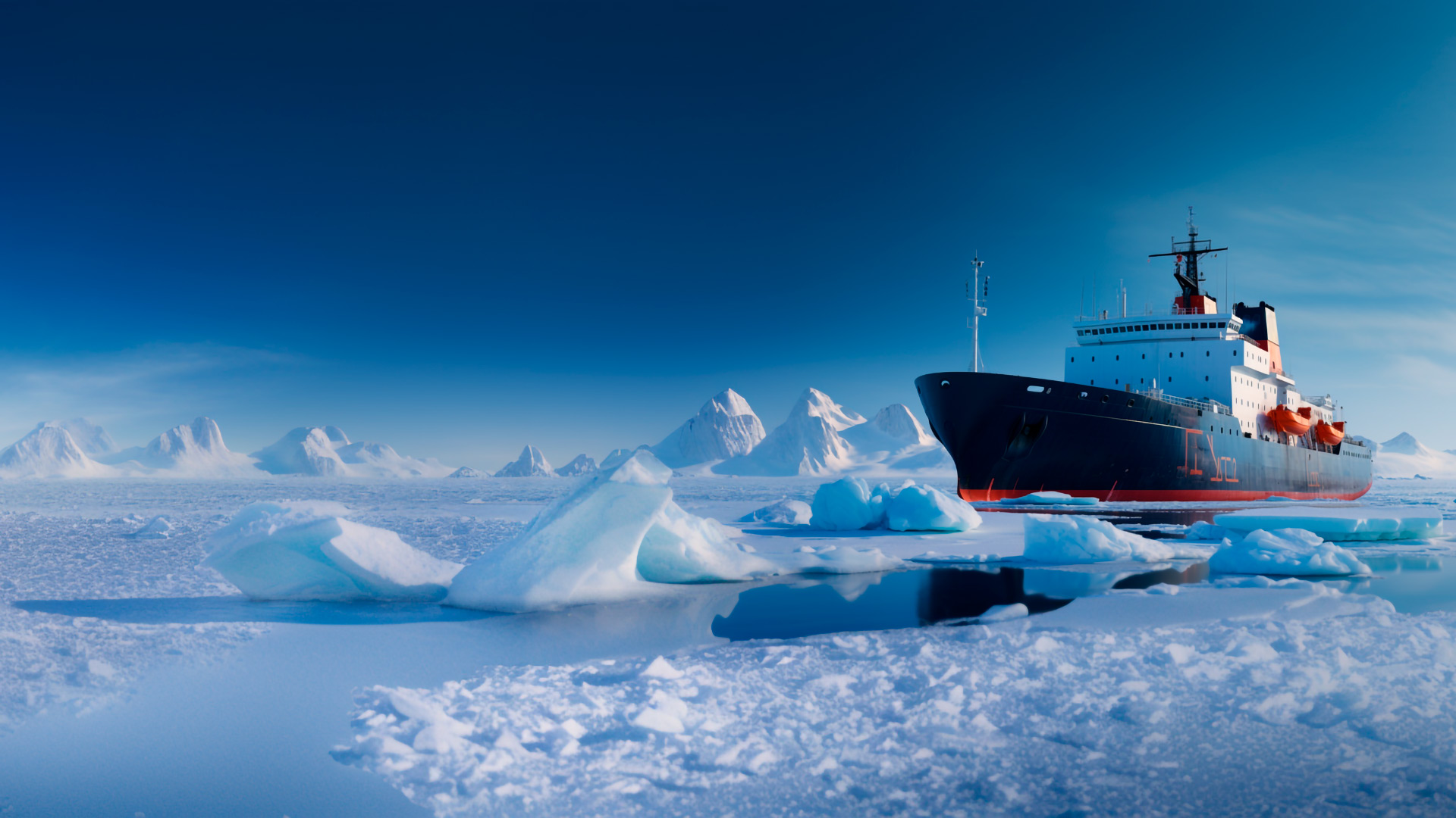 Das Bild zeigt ein Eisbrecher Schiff in der Antarktis