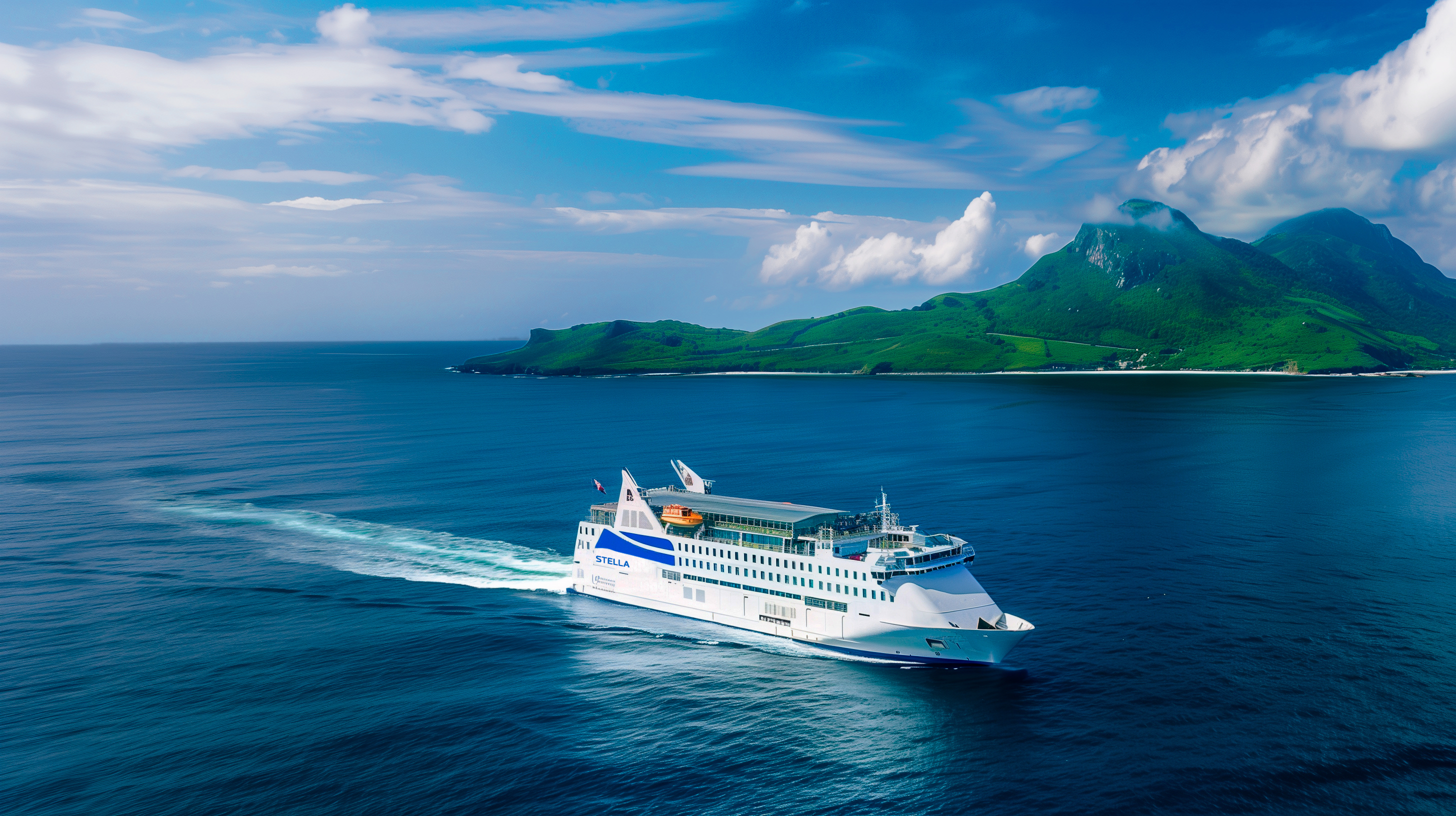 The image shows a ferry named Stella driving on a deep blue ocean. In the background there is an island with green hills, a blue sky with some white clouds.