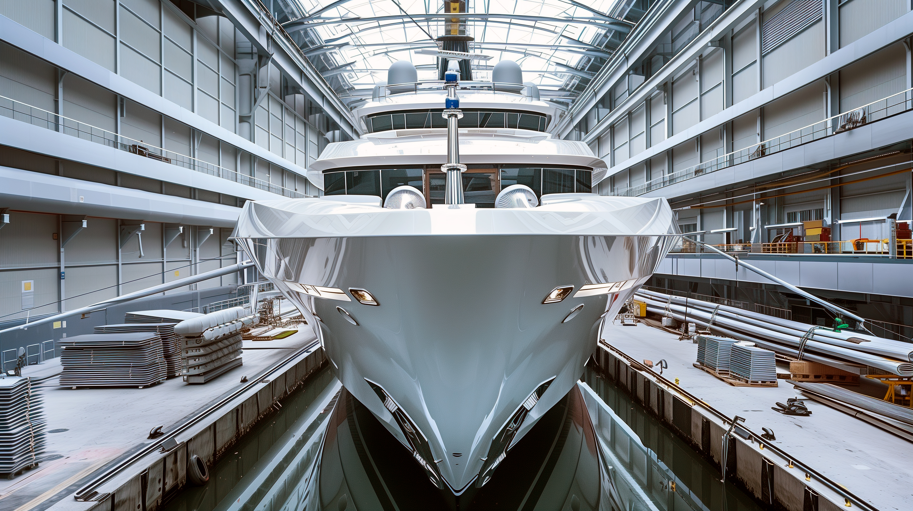 The image shows a white Megayacht in a shipyard, front view