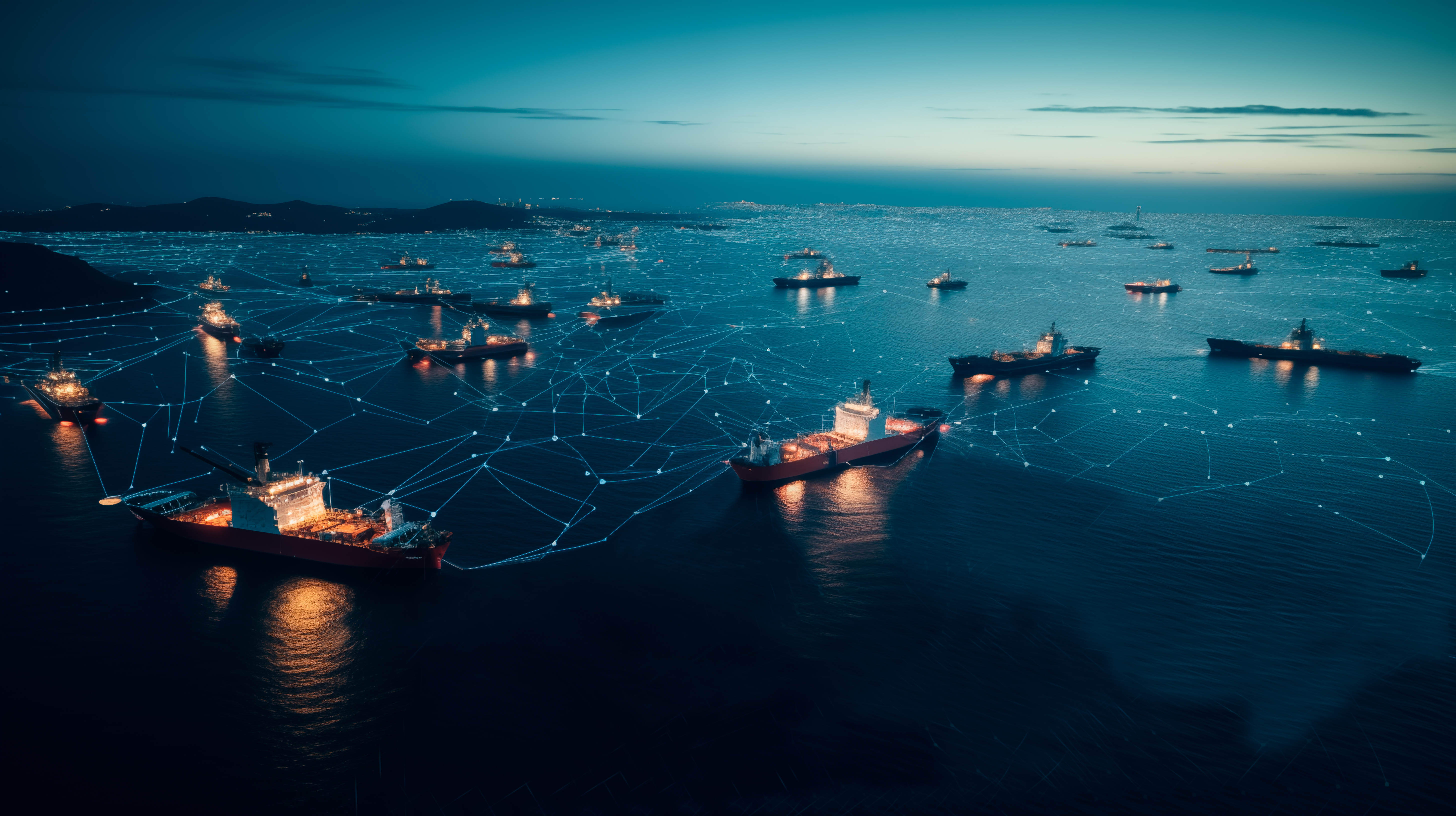 Das Bild zeigt mehrere, durch Linien und Punkte vernetzte Schiffe am Abend auf einem dunklen Meer vor eine Küste