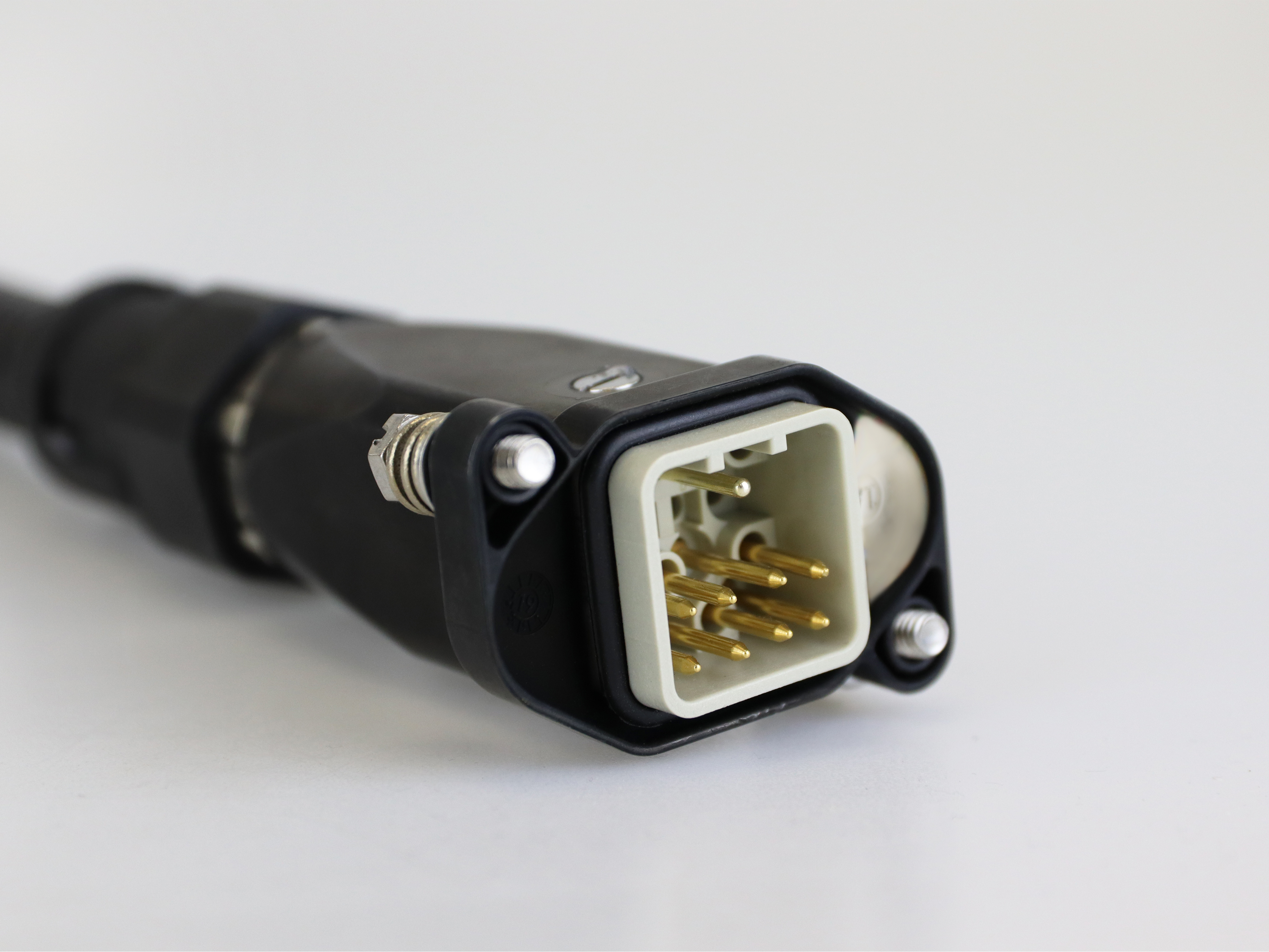 The image shows a male connector plug on a grey background