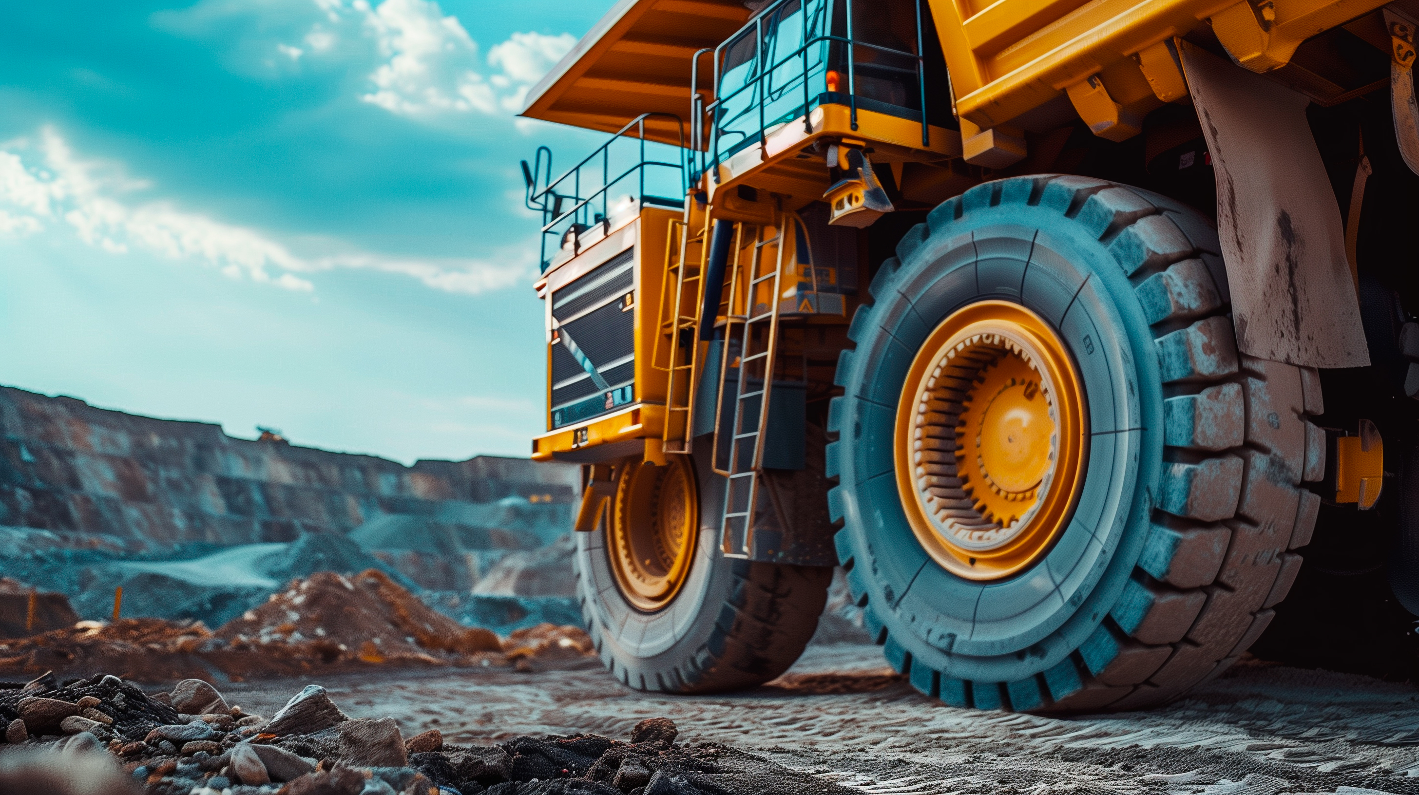 The image shows a closeup scene of a yellow dump truck standing sand pit
