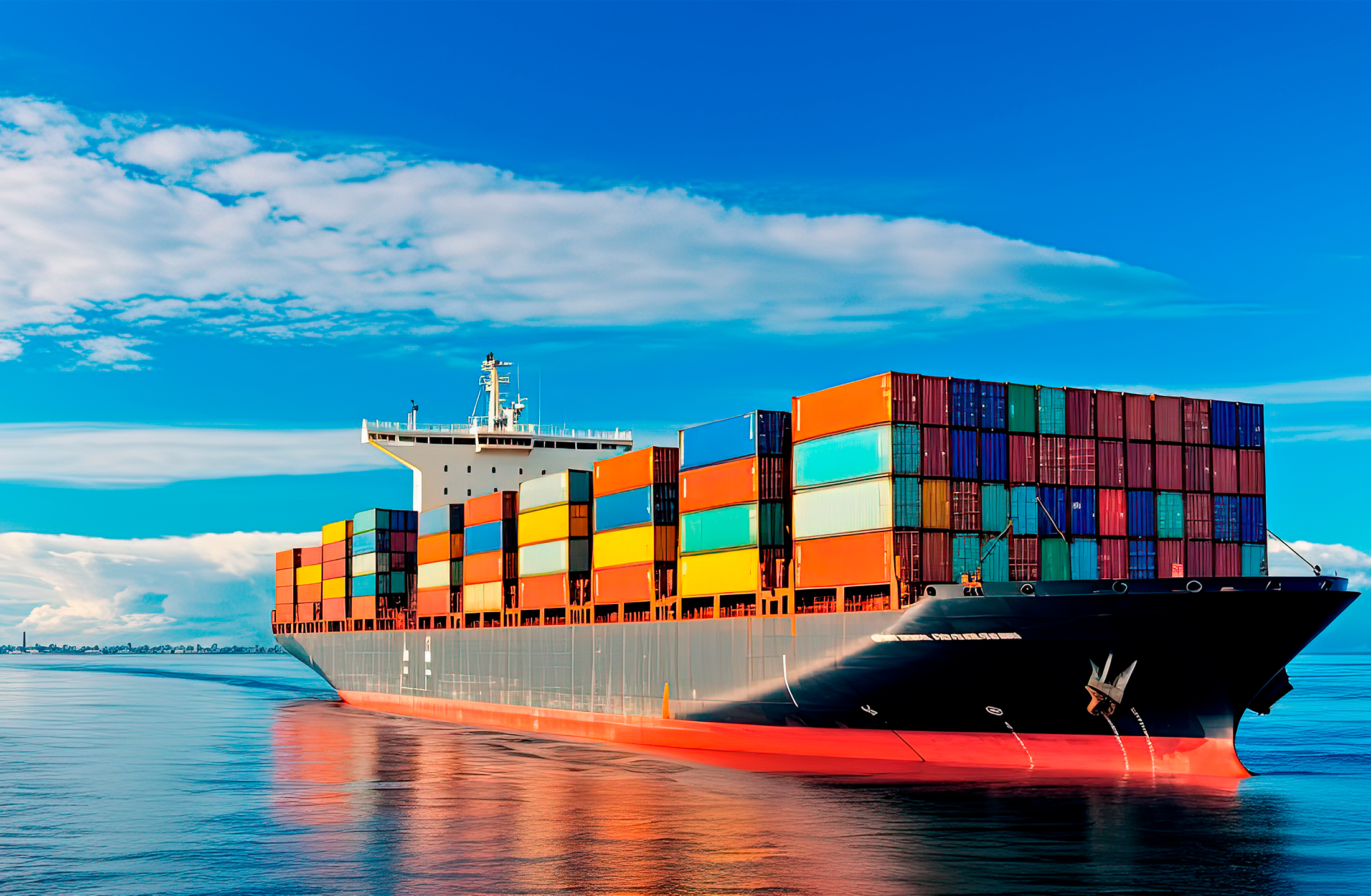 Das Bild zeigt einen Tanker mit Containern beladen auf hoher, tiefblauer See mit blauem Himmel und einem Wolenstreifen am Horizont